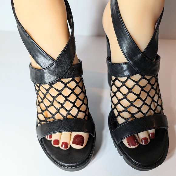 Cape Robbin Black Netted Strappy Chunky High Heels - Picture 8 of 13
